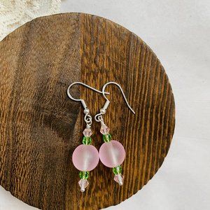 Frosted Pink Glass Bead Green Crystals Dangle Artisan Handmade Earrings 2” NEW